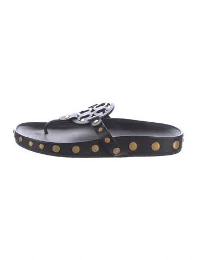 Pre-owned Tory Burch Leather Studded Accents Flip Flops In Black