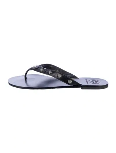 Pre-owned Tory Burch Leather Studded Accents Flip Flops In Blue
