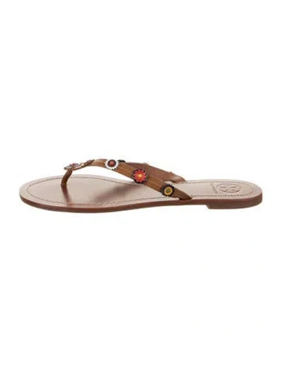 Pre-owned Tory Burch Leather Studded Accents Flip Flops In Brown