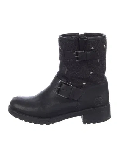 Pre-owned Tory Burch Leather Studded Accents Moto Boots In Black