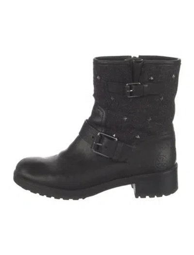 Pre-owned Tory Burch Leather Studded Accents Moto Boots In Black