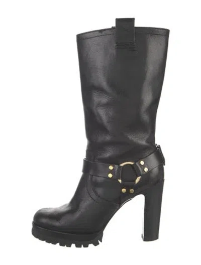 Pre-owned Tory Burch Leather Studded Accents Moto Boots In Black