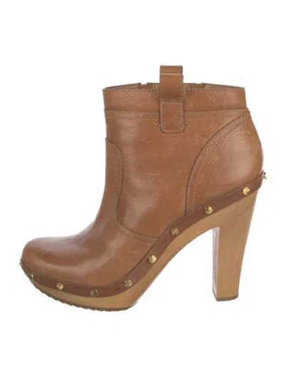 Pre-owned Tory Burch Leather Studded Accents Moto Boots In Brown