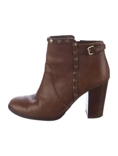 Pre-owned Tory Burch Leather Studded Accents Moto Boots In Brown