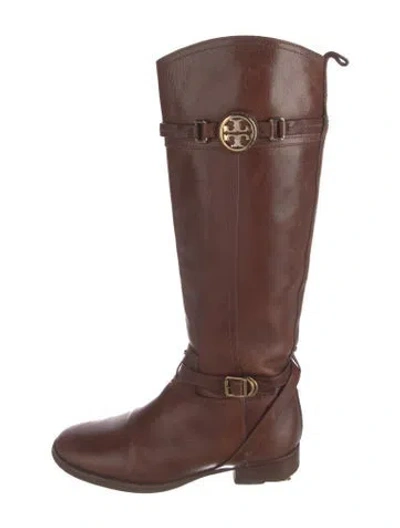 Pre-owned Tory Burch Leather Studded Accents Riding Boots In Brown