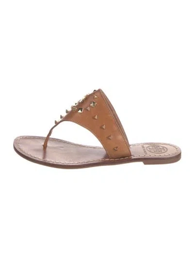 Pre-owned Tory Burch Leather Studded Accents Slides In Brown