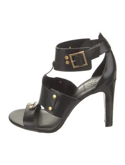 Pre-owned Tory Burch Leather Studded Accents T-strap Sandals In Black