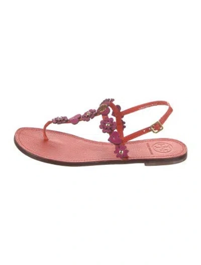 Pre-owned Tory Burch Leather Studded Accents T-strap Sandals In Red