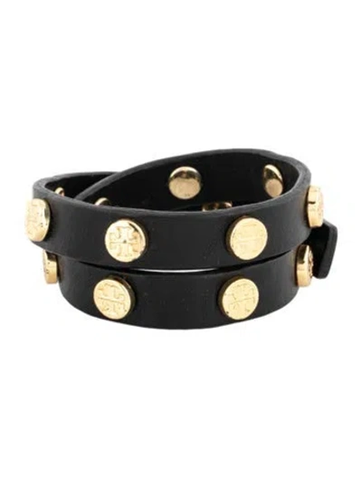 Pre-owned Tory Burch Leather Studded Double Wrap Bracelet In Black