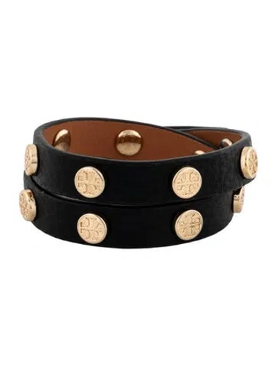 Pre-owned Tory Burch Leather Studded Double Wrap Bracelet In Black