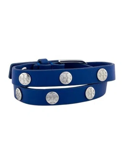 Pre-owned Tory Burch Leather Studded Double Wrap Bracelet In Blue