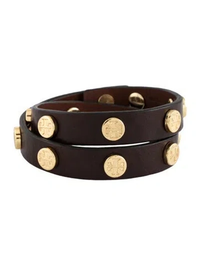 Pre-owned Tory Burch Leather Studded Double Wrap Bracelet In Brown