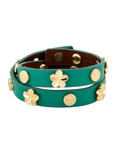 Pre-owned Tory Burch Leather Studded Double Wrap Bracelet In Green