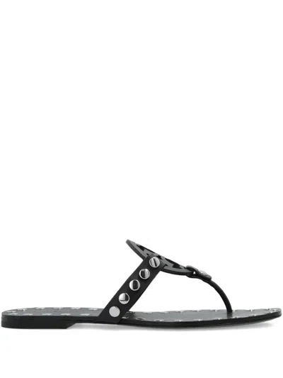 Tory Burch Leather Studded Flat Sandals In Black