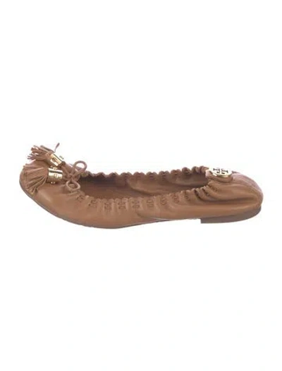 Pre-owned Tory Burch Leather Tassel Accents Ballet Flats In Brown