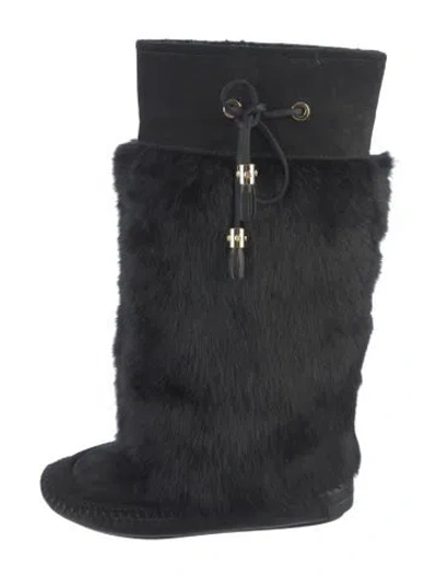 Pre-owned Tory Burch Leather Tassel Accents Slouch Boots In Black