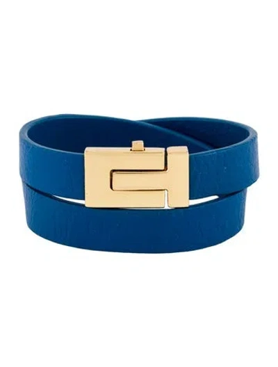 Pre-owned Tory Burch Leather T-lock Double Wrap Bracelet In Blue