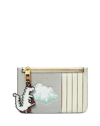Tory Burch Leather Top Zip Card Case In Misty Cloud/gold