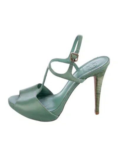 Pre-owned Tory Burch Leather T-strap Pumps In Green