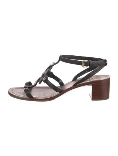 Pre-owned Tory Burch Leather T-strap Sandals In Black