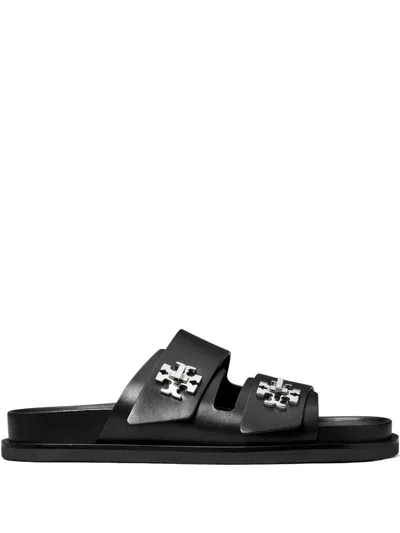 Tory Burch Leather Turnlock Sandals With Cushioned Footbed In Black