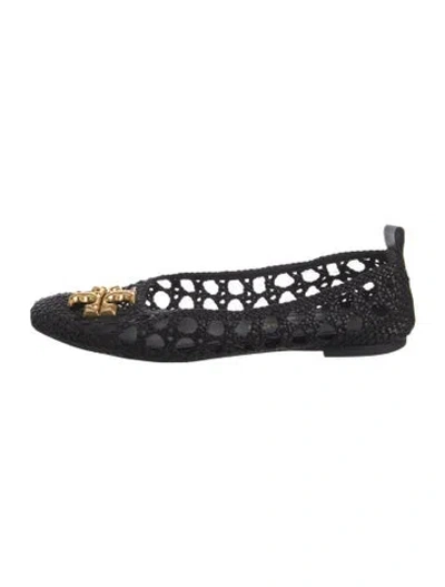 Pre-owned Tory Burch Leather Tweed Pattern Ballet Flats In Black