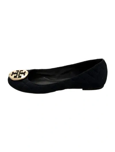 Pre-owned Tory Burch Leather Tweed Pattern Ballet Flats In Black