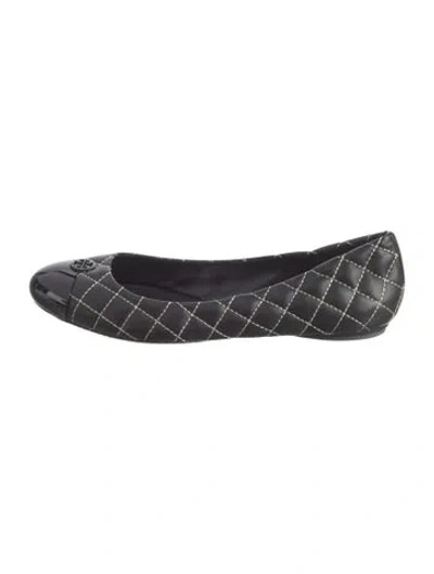 Pre-owned Tory Burch Leather Tweed Pattern Ballet Flats In Black/blue
