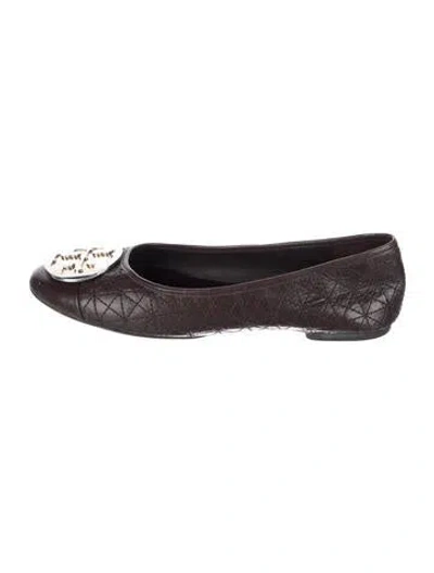 Pre-owned Tory Burch Leather Tweed Pattern Ballet Flats In Brown