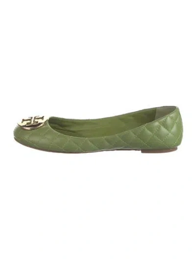 Pre-owned Tory Burch Leather Tweed Pattern Ballet Flats In Green