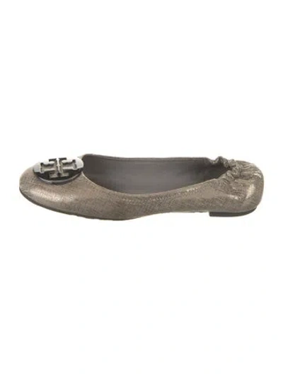 Pre-owned Tory Burch Leather Tweed Pattern Ballet Flats In Grey
