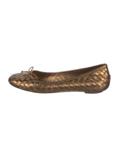 Pre-owned Tory Burch Leather Tweed Pattern Ballet Flats In Metallic/neutrals