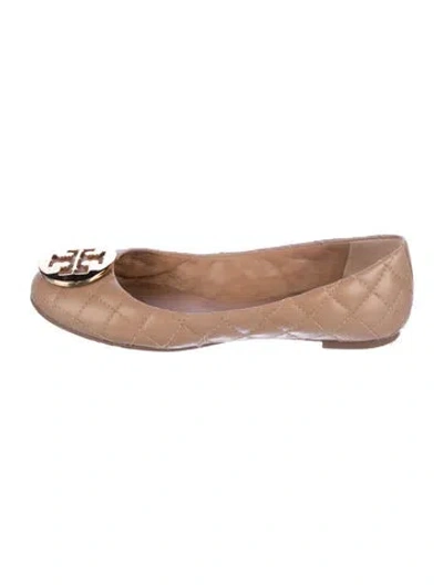 Pre-owned Tory Burch Leather Tweed Pattern Ballet Flats In Neutrals