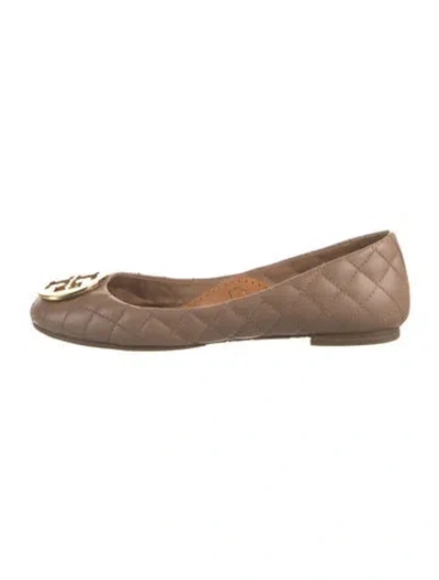 Pre-owned Tory Burch Leather Tweed Pattern Ballet Flats In Neutrals