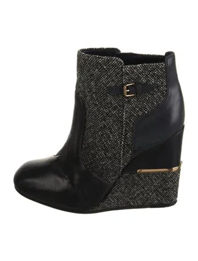 Pre-owned Tory Burch Leather Tweed Pattern Boots In Black