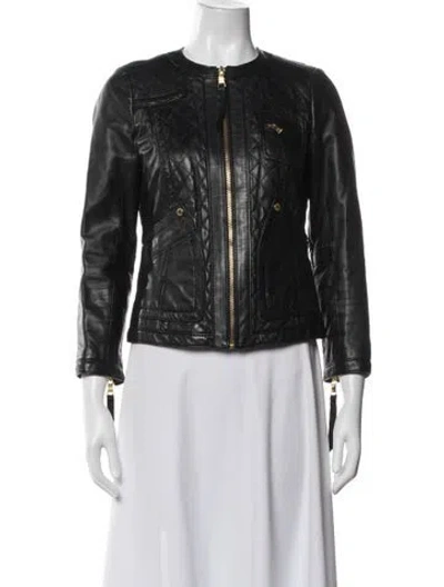 Pre-owned Tory Burch Leather Tweed Pattern Jacket In Black