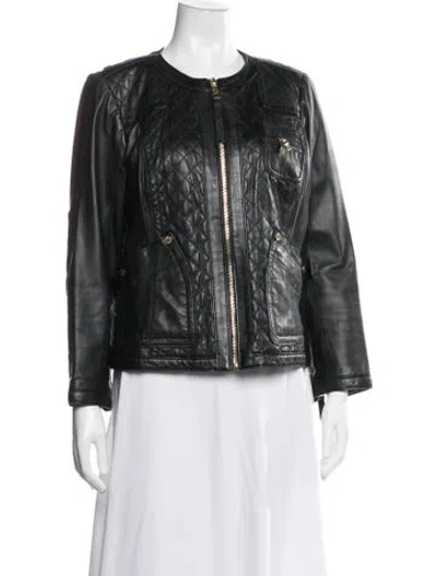 Pre-owned Tory Burch Leather Tweed Pattern Jacket In Black