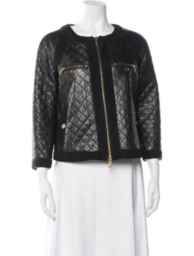 Pre-owned Tory Burch Leather Tweed Pattern Jacket In Black