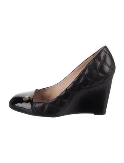 Pre-owned Tory Burch Leather Tweed Pattern Pumps In Black