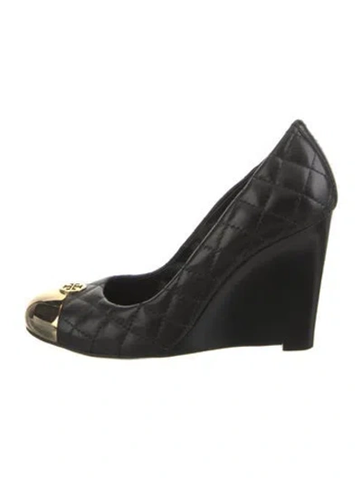 Pre-owned Tory Burch Leather Tweed Pattern Pumps In Black