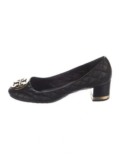 Pre-owned Tory Burch Leather Tweed Pattern Pumps In Black