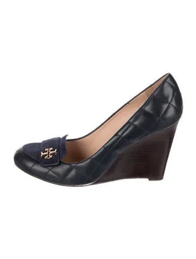 Pre-owned Tory Burch Leather Tweed Pattern Pumps In Blue