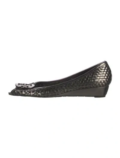 Pre-owned Tory Burch Leather Tweed Pattern Pumps In Silver