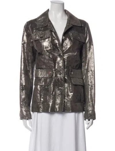 Pre-owned Tory Burch Leather Utility Jacket In Grey/metallic/silver
