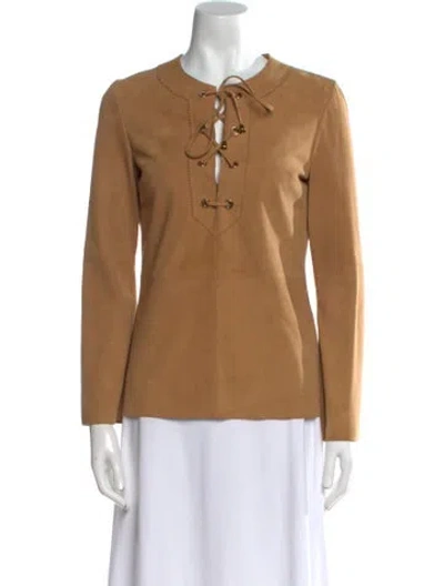 Pre-owned Tory Burch Leather V-neck Blouse In Brown