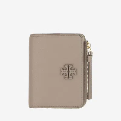 Tory Burch Leather Wallet With Logo In Beige