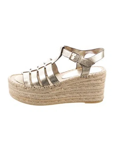 Pre-owned Tory Burch Leather Whipstitch Trim Espadrilles In Gold/metallic