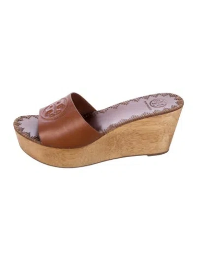 Pre-owned Tory Burch Leather Whipstitch Trim Slides In Brown