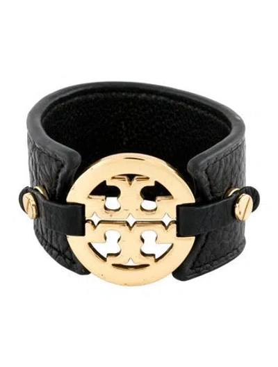 Pre-owned Tory Burch Leather Wide Logo Bangle Bracelet, 7" In Multicolor