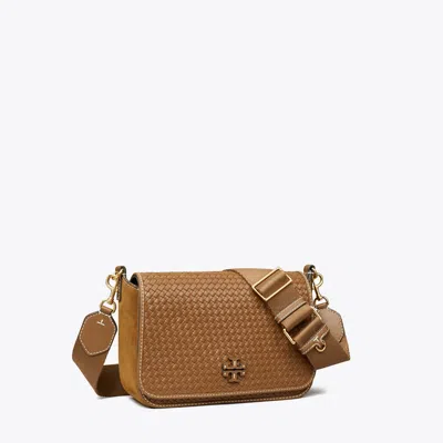 Tory Burch Leather Woven Flap Crossbody In Mahoni